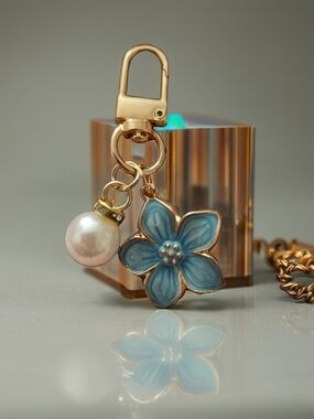 Gold Key Chain/ Bag Charm With Pearl & Blue Flower
